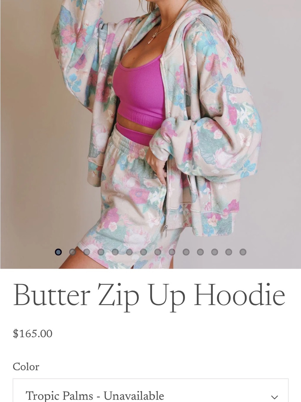 Floral Zip-Up Hoodie in Cream with Pink & Teal Accents